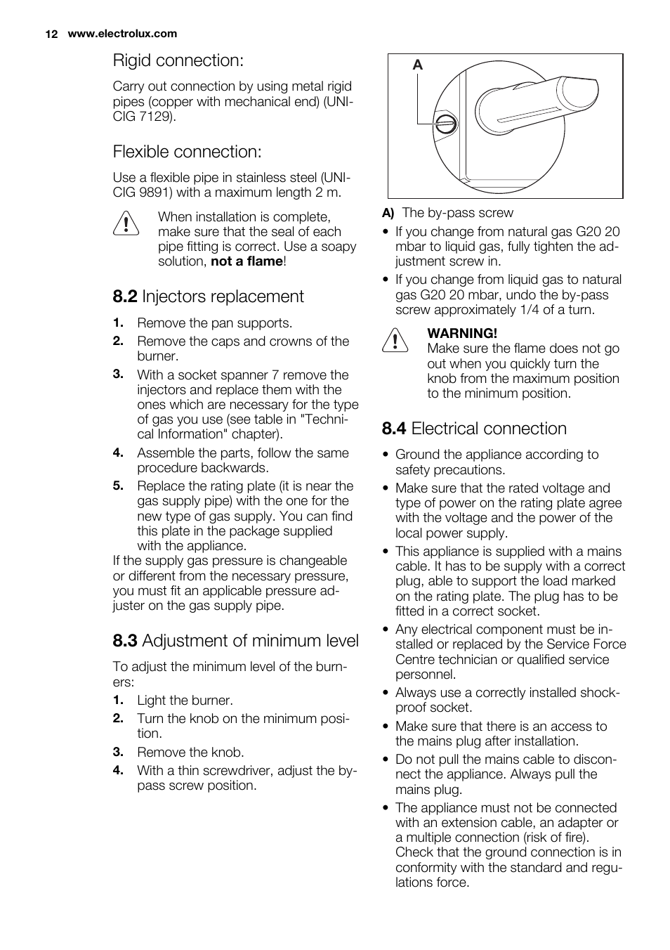 Rigid connection, Flexible connection, 2 injectors replacement | 3 adjustment of minimum level, 4 electrical connection | Electrolux EGG6242NOX User Manual | Page 12 / 48