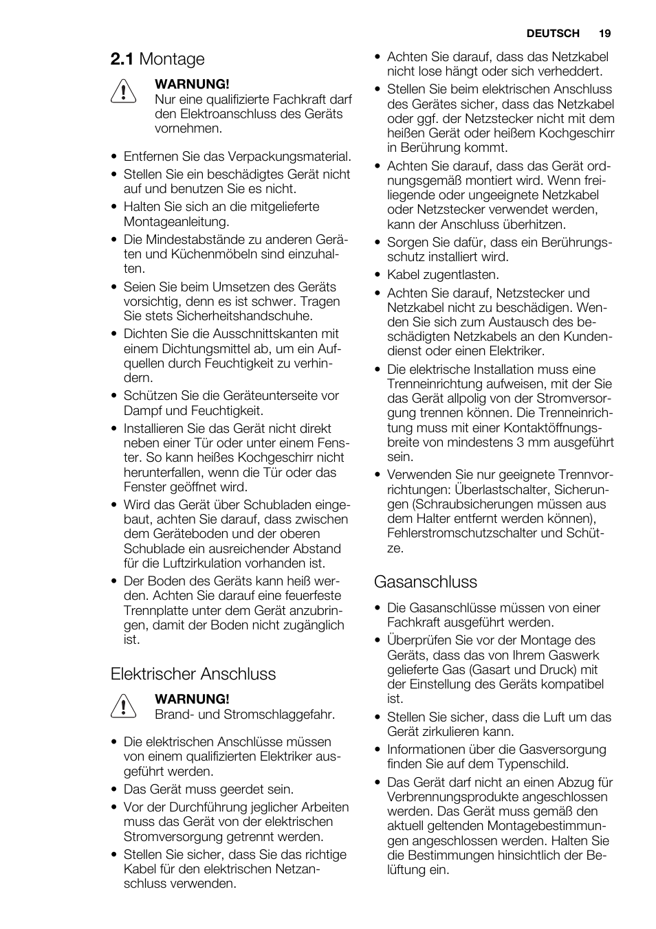 1 montage, Elektrischer anschluss, Gasanschluss | Electrolux EGG6242NOX User Manual | Page 19 / 48