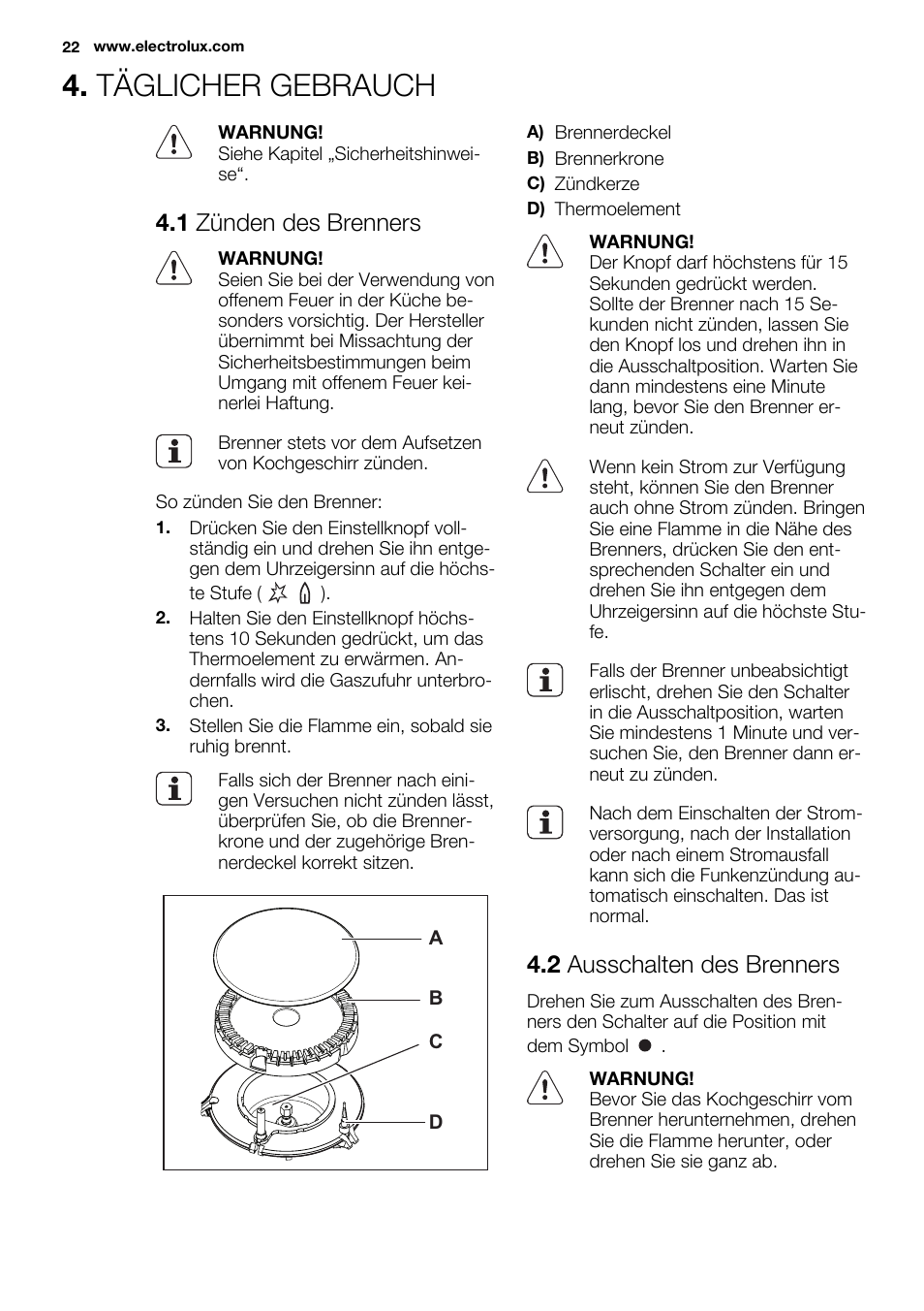 Täglicher gebrauch, 1 zünden des brenners, 2 ausschalten des brenners | Electrolux EGG6242NOX User Manual | Page 22 / 48