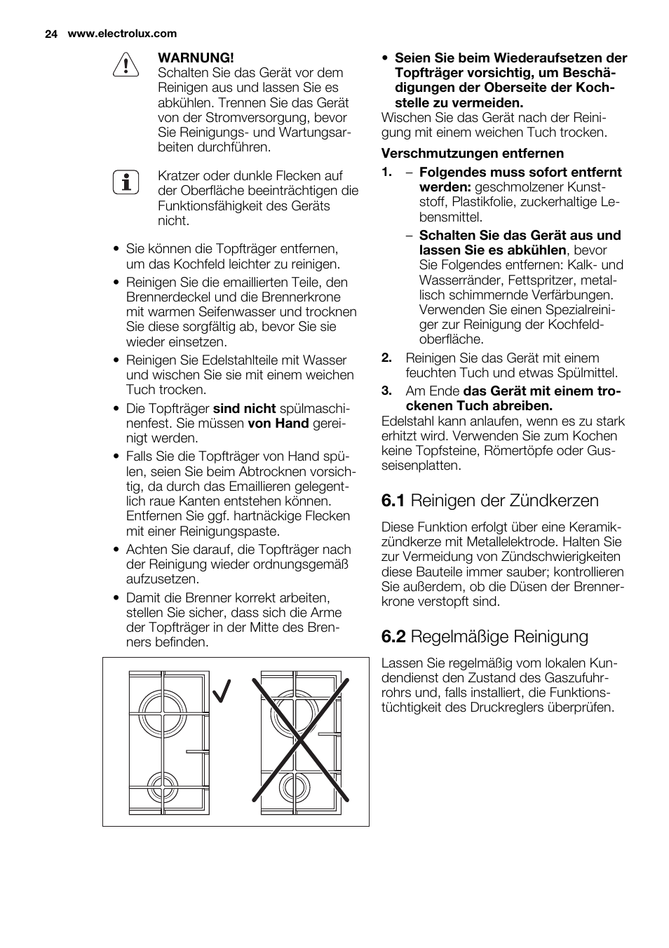 1 reinigen der zündkerzen, 2 regelmäßige reinigung | Electrolux EGG6242NOX User Manual | Page 24 / 48