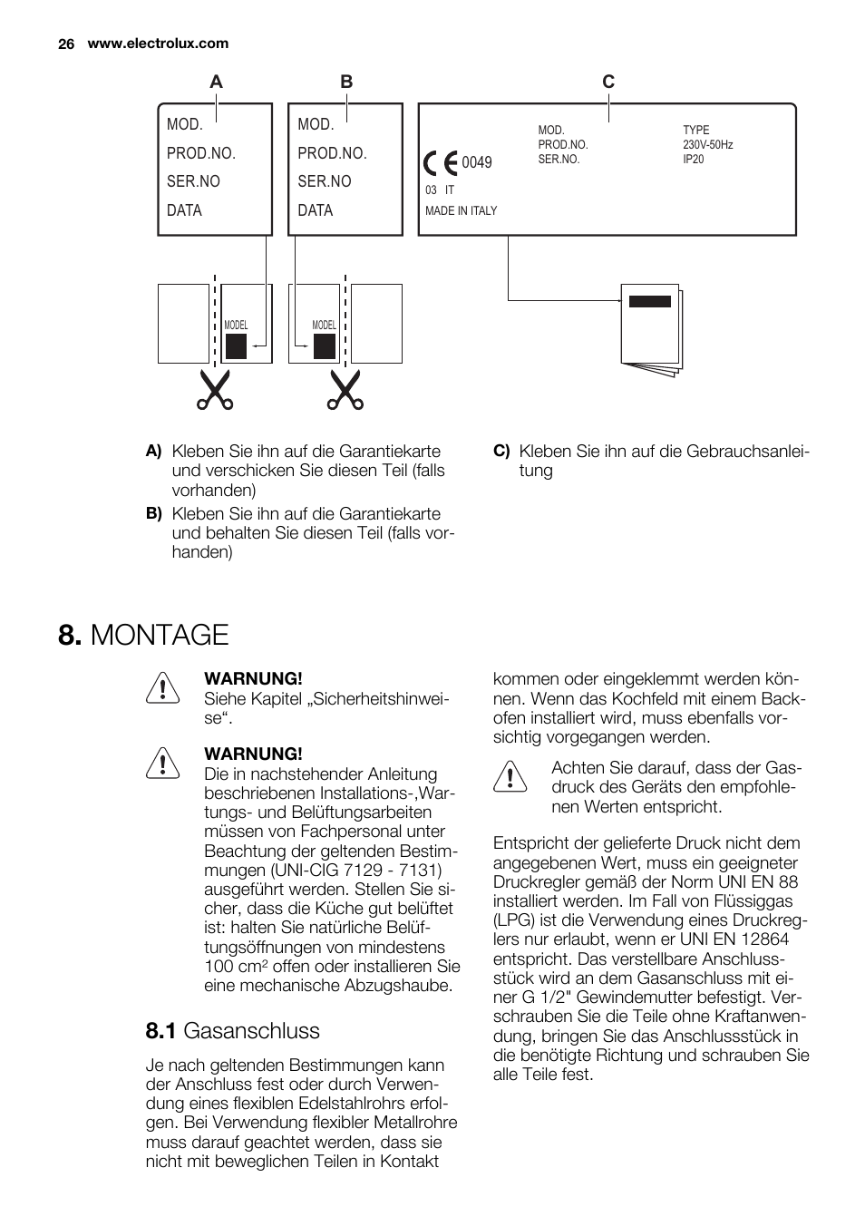 Montage, 1 gasanschluss | Electrolux EGG6242NOX User Manual | Page 26 / 48