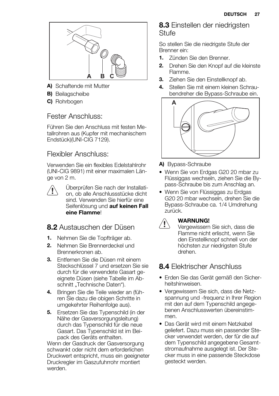 Fester anschluss, Flexibler anschluss, 2 austauschen der düsen | 3 einstellen der niedrigsten stufe, 4 elektrischer anschluss | Electrolux EGG6242NOX User Manual | Page 27 / 48