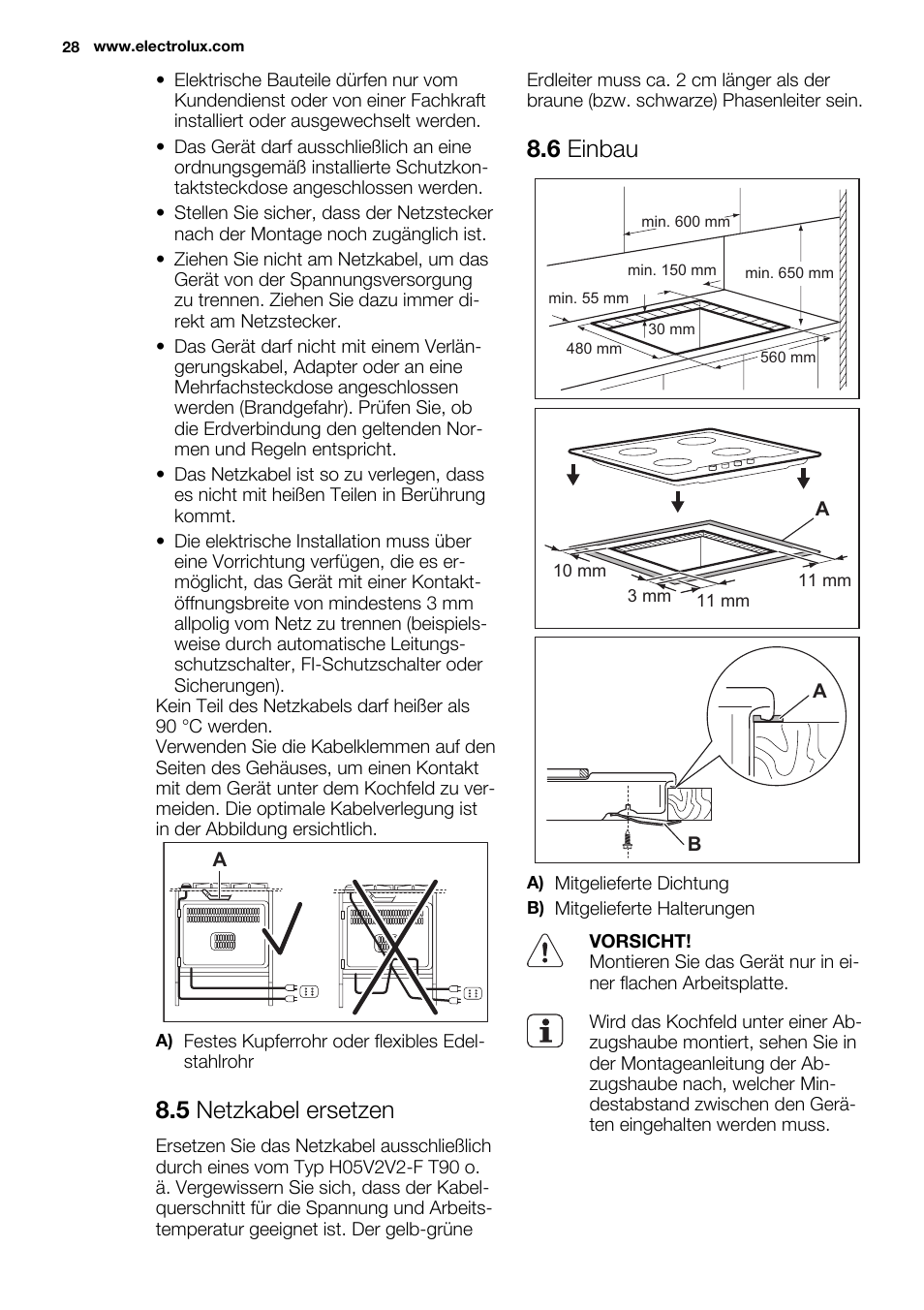 5 netzkabel ersetzen, 6 einbau | Electrolux EGG6242NOX User Manual | Page 28 / 48