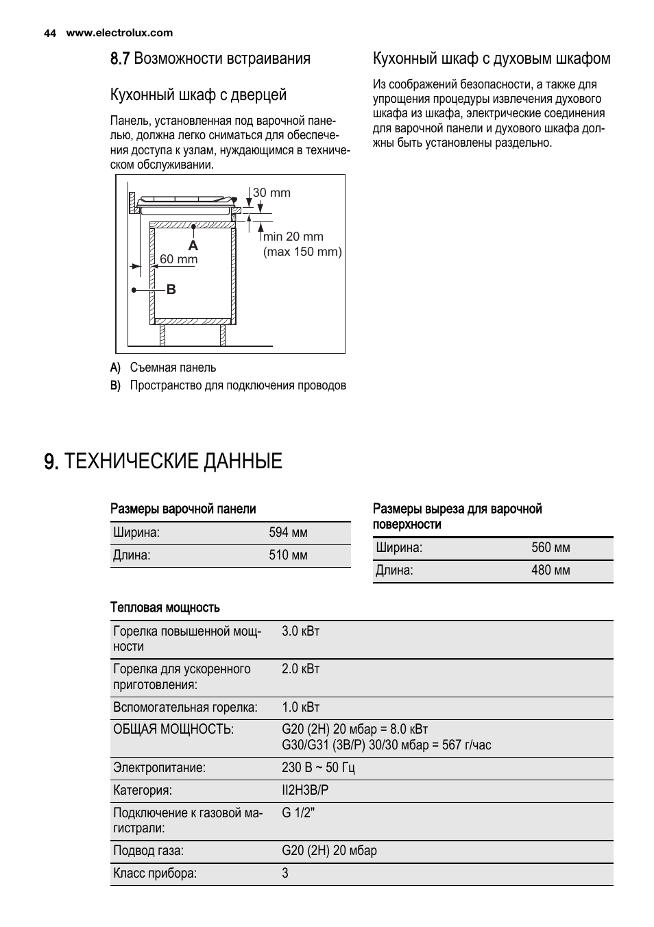 Технические данные, 7 возможности встраивания кухонный шкаф с дверцей, Кухонный шкаф с духовым шкафом | Electrolux EGG6242NOX User Manual | Page 44 / 48