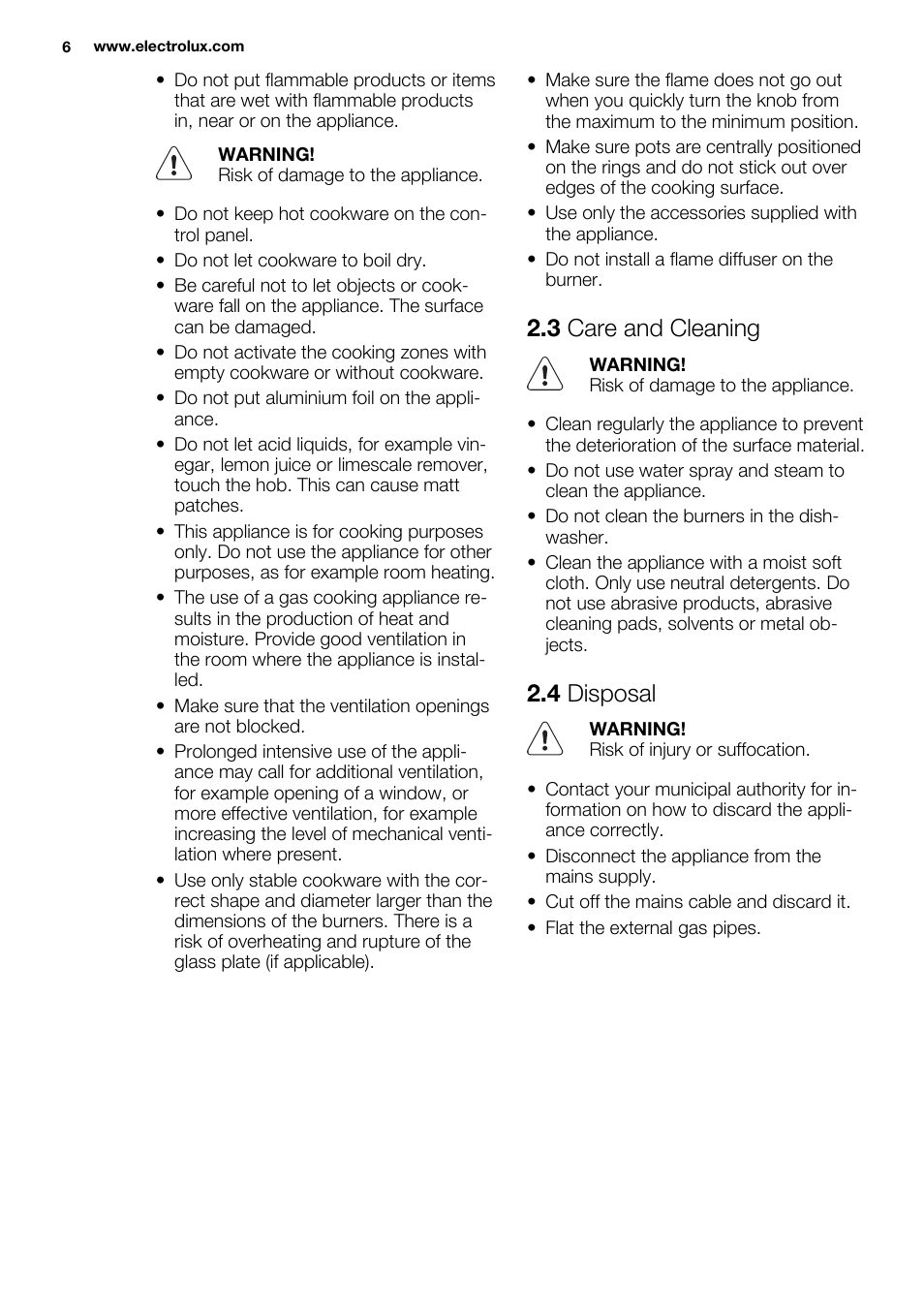 3 care and cleaning, 4 disposal | Electrolux EGG6242NOX User Manual | Page 6 / 48