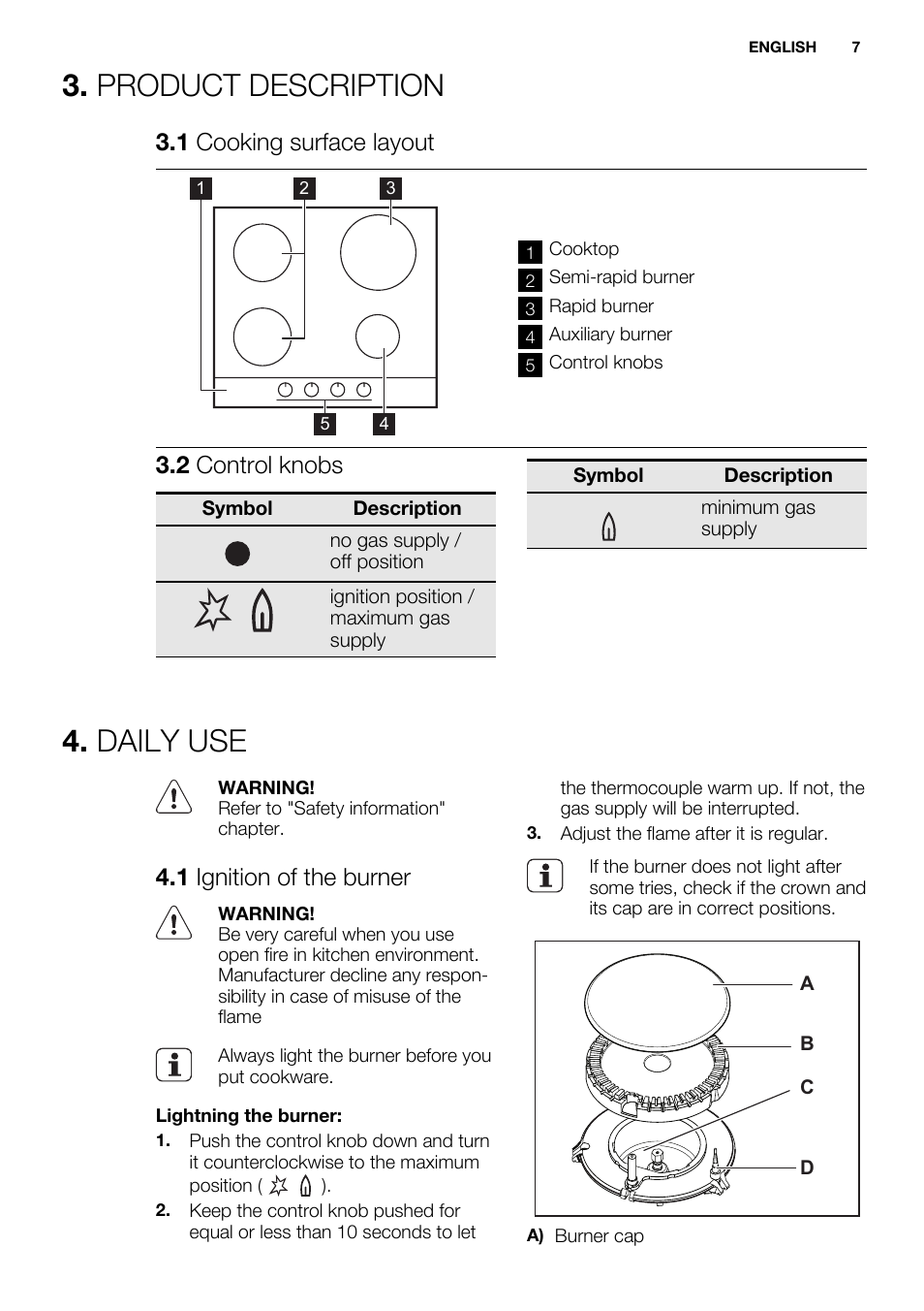 Product description, Daily use, 1 cooking surface layout | 2 control knobs, 1 ignition of the burner | Electrolux EGG6242NOX User Manual | Page 7 / 48