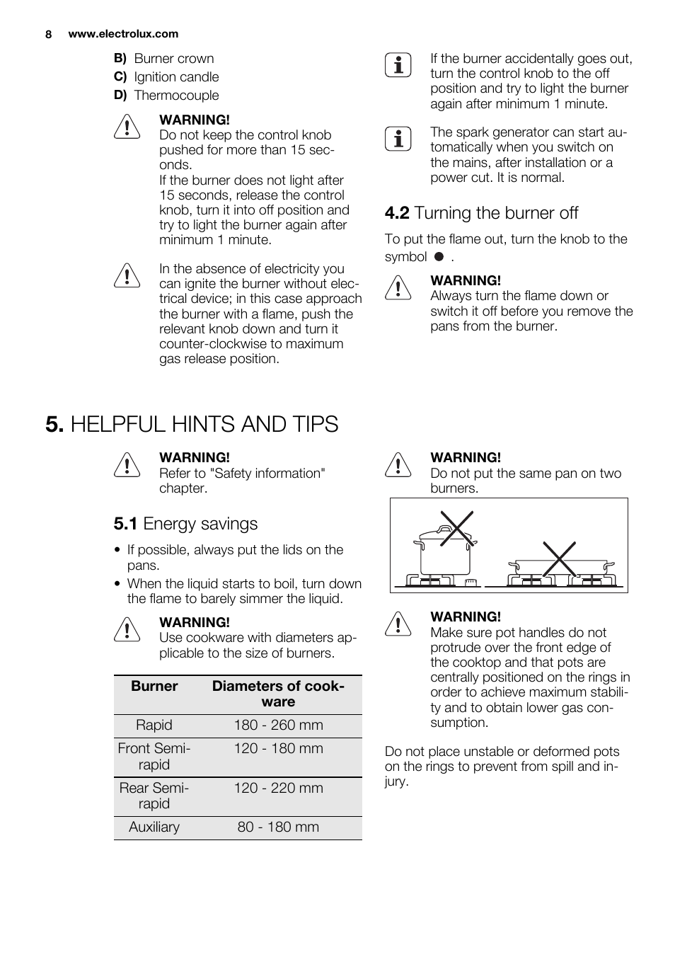 Helpful hints and tips, 2 turning the burner off, 1 energy savings | Electrolux EGG6242NOX User Manual | Page 8 / 48