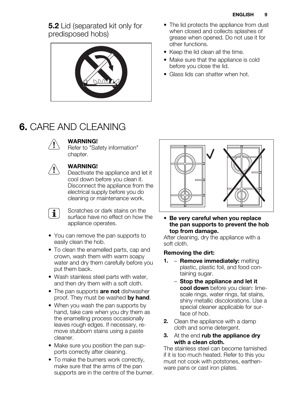 Care and cleaning, 2 lid (separated kit only for predisposed hobs) | Electrolux EGG6242NOX User Manual | Page 9 / 48