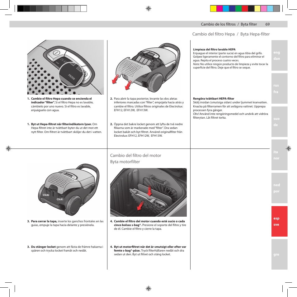 Cambio del filtro hepa / byta hepa-filter, Cambio del filtro del motor byta motorfilter | Electrolux Z8822GP User Manual | Page 71 / 92