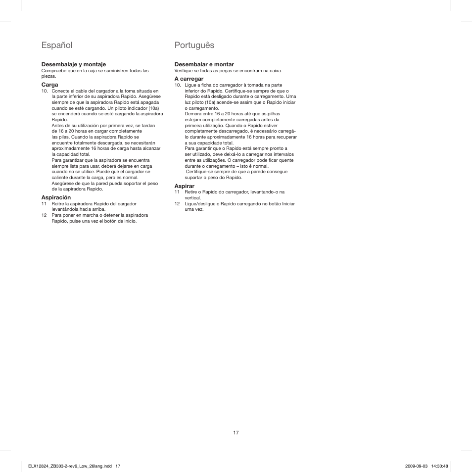 Español, Português | Electrolux ZB3103 User Manual | Page 17 / 60