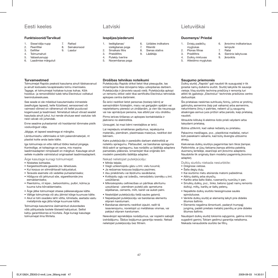 Eesti keeles latviski lietuviškai | Electrolux ZB3103 User Manual | Page 47 / 60
