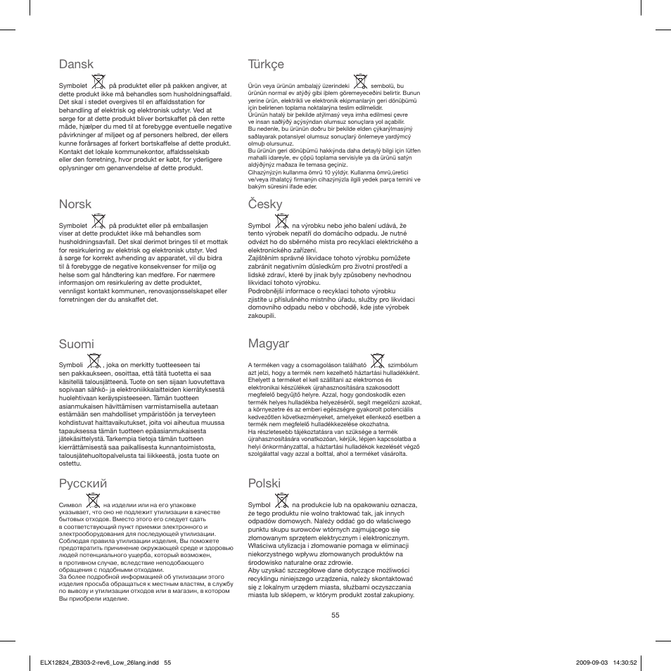 Dansk, Norsk, Suomi | Pусский, Türkçe, Česky, Magyar, Polski | Electrolux ZB3103 User Manual | Page 55 / 60