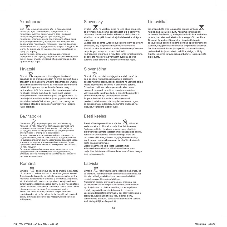 Українська, Hrvatski български, Română | Slovensky, Slovenščina, Eesti keeles, Latviski, Lietuviškai | Electrolux ZB3103 User Manual | Page 56 / 60