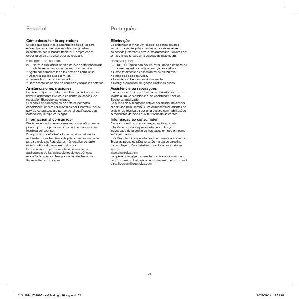 Español, Português | Electrolux ZB4112 User Manual | Page 21 / 60