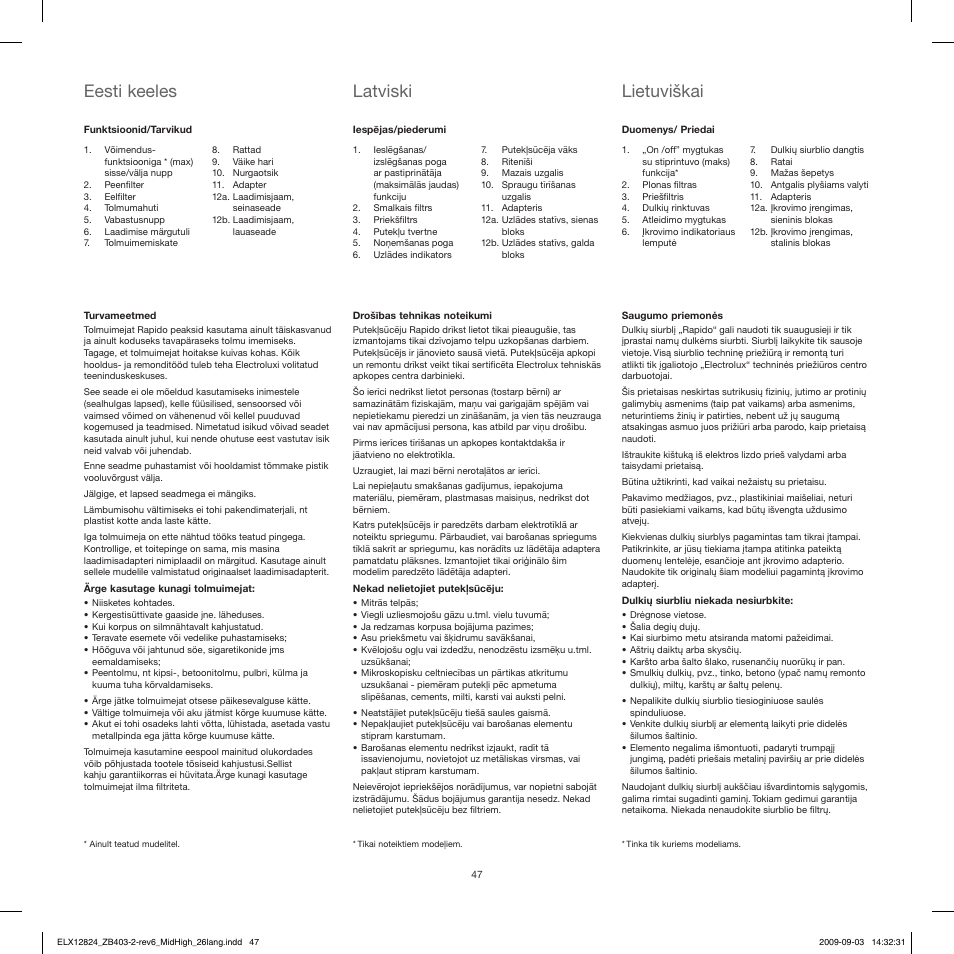Eesti keeles, Latviski, Lietuviškai | Electrolux ZB4112 User Manual | Page 47 / 60