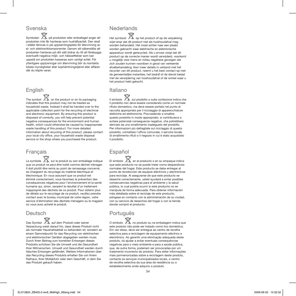 Svenska, English, Français | Deutsch nederlands, Italiano, Español, Português | Electrolux ZB4112 User Manual | Page 54 / 60
