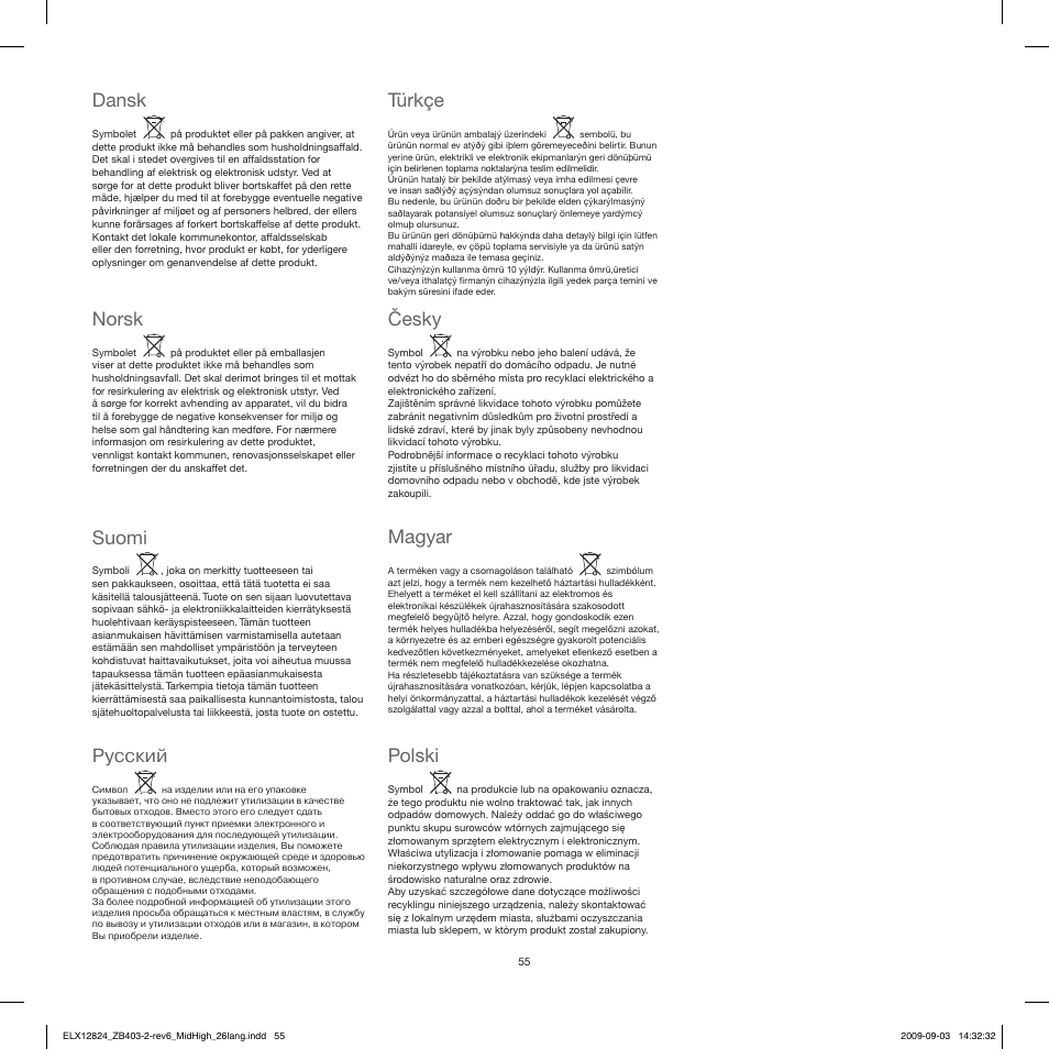 Dansk, Norsk, Suomi | Pусский, Türkçe, Česky, Magyar, Polski | Electrolux ZB4112 User Manual | Page 55 / 60