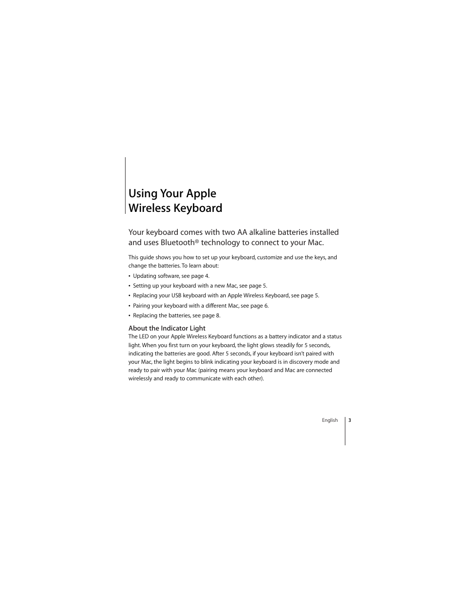 Using your apple wireless keyboard, About the indicator light | Apple Wireless Keyboard (2009) User Manual | Page 3 / 64