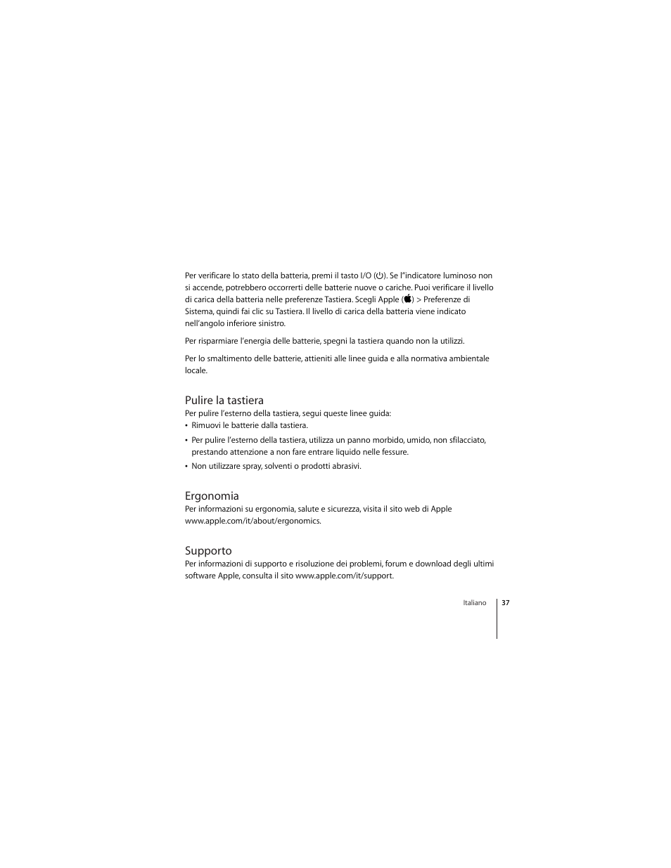 Pulire la tastiera, Ergonomia, Supporto | Apple Wireless Keyboard (2009) User Manual | Page 37 / 64