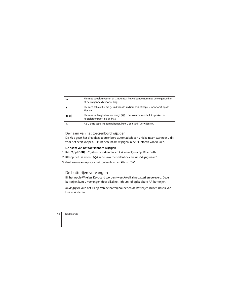 De naam van het toetsenbord wijzigen, De batterijen vervangen | Apple Wireless Keyboard (2009) User Manual | Page 44 / 64