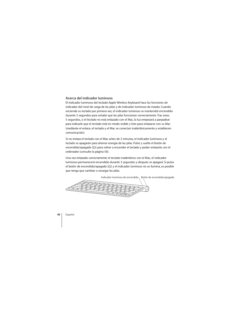 Acerca del indicador luminoso | Apple Wireless Keyboard (2009) User Manual | Page 48 / 64