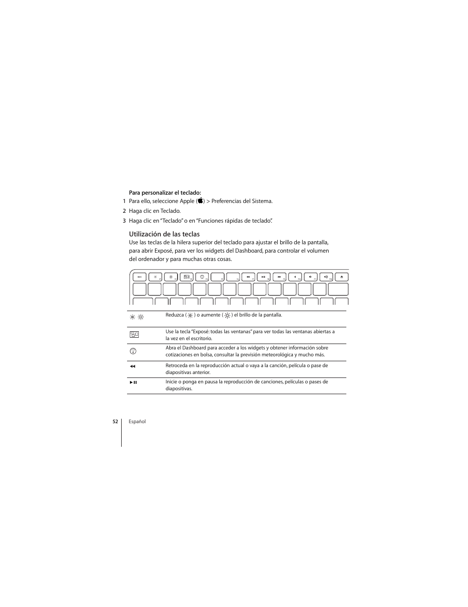 Utilización de las teclas | Apple Wireless Keyboard (2009) User Manual | Page 52 / 64