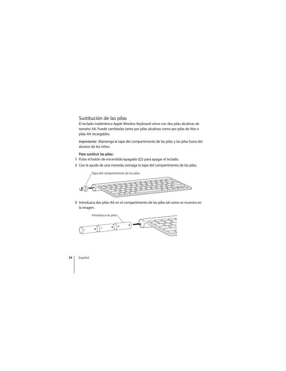 Sustitución de las pilas | Apple Wireless Keyboard (2009) User Manual | Page 54 / 64