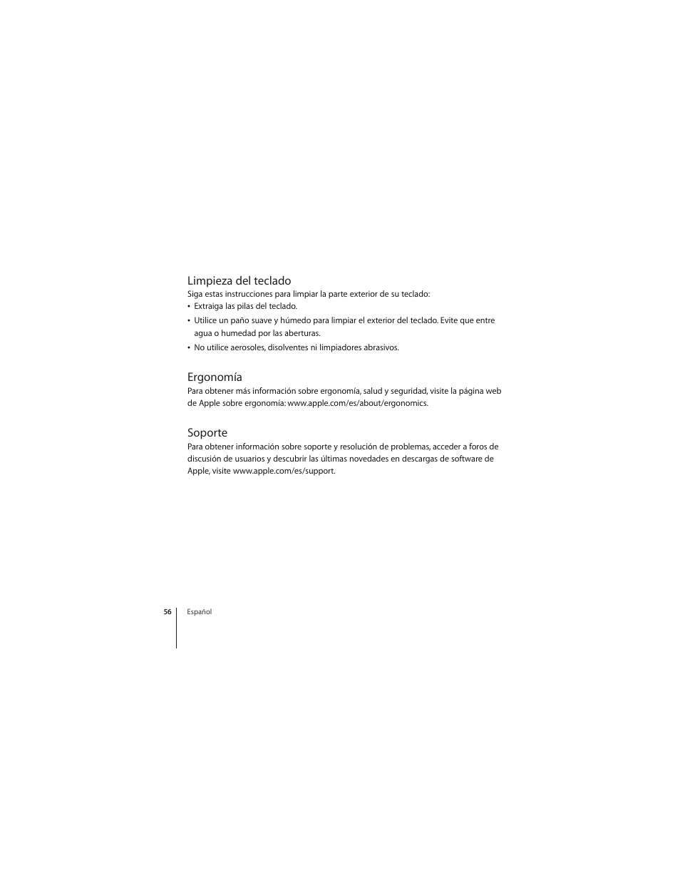 Limpieza del teclado, Ergonomía, Soporte | Apple Wireless Keyboard (2009) User Manual | Page 56 / 64