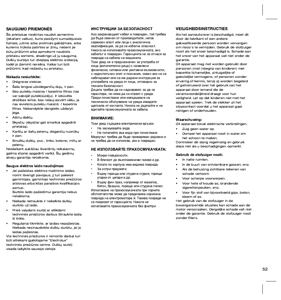 Veiligheidsinstructies, Saugumo priemonės | Electrolux ZT3520 User Manual | Page 57 / 104