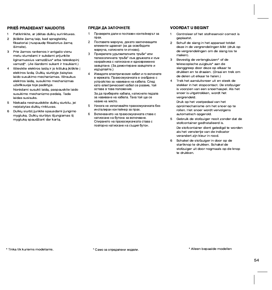 Prieš pradedant naudotis, Voordat u begint | Electrolux ZT3520 User Manual | Page 59 / 104