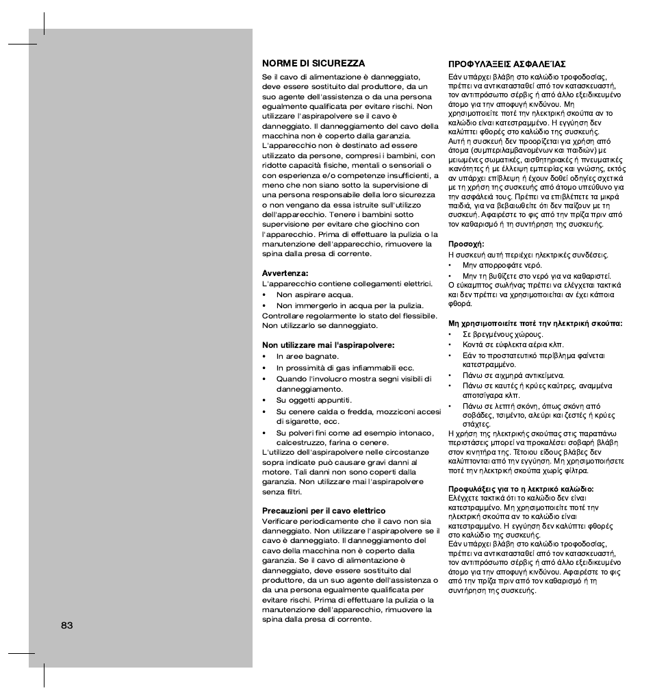 Norme di sicurezza | Electrolux ZT3520 User Manual | Page 88 / 104