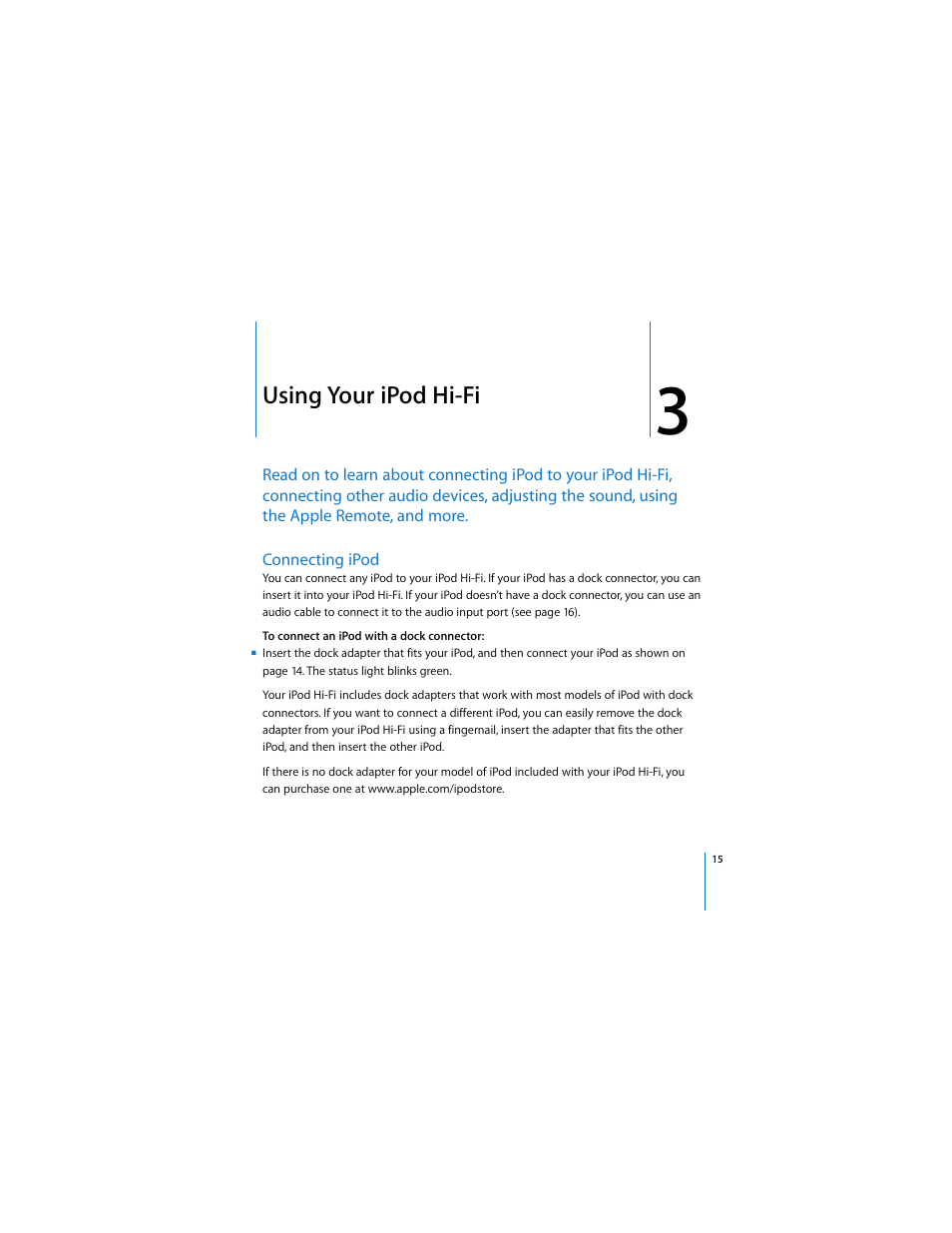 Chapter: 3 “using your ipod hi-fi, Connecting ipod, Using your ipod hi-fi | Apple iPod Hi-Fi (User’s Guide) User Manual | Page 15 / 104