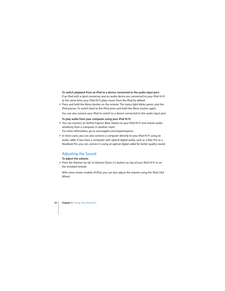 Adjusting the sound | Apple iPod Hi-Fi (User’s Guide) User Manual | Page 18 / 104