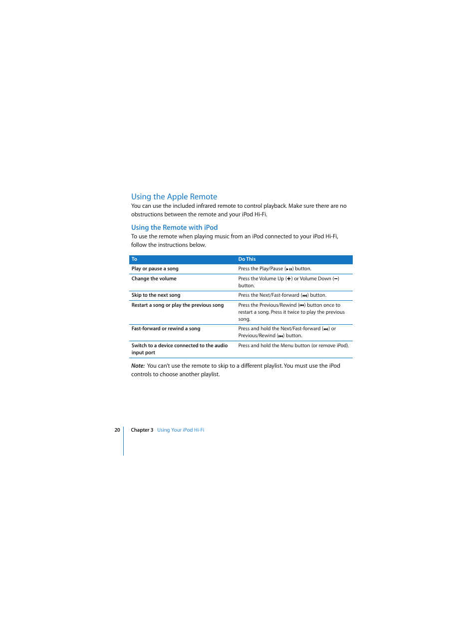 Using the apple remote | Apple iPod Hi-Fi (User’s Guide) User Manual | Page 20 / 104