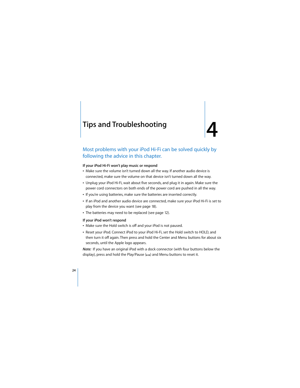 Chapter: 4 “tips and troubleshooting, Tips and troubleshooting | Apple iPod Hi-Fi (User’s Guide) User Manual | Page 24 / 104