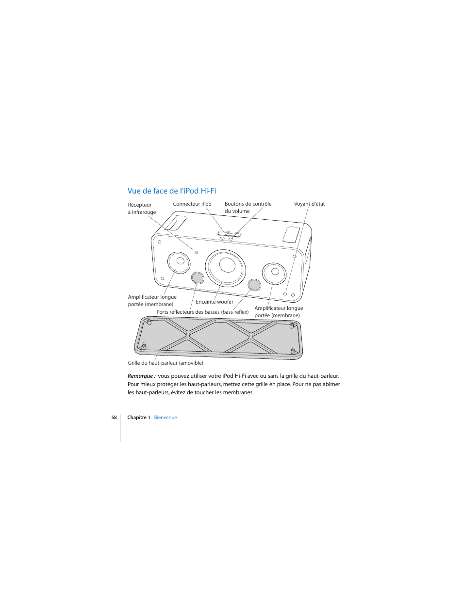 58 “vue de face de l’ipod hi-fi, Vue de face de l’ipod hi-fi | Apple iPod Hi-Fi (User’s Guide) User Manual | Page 58 / 104