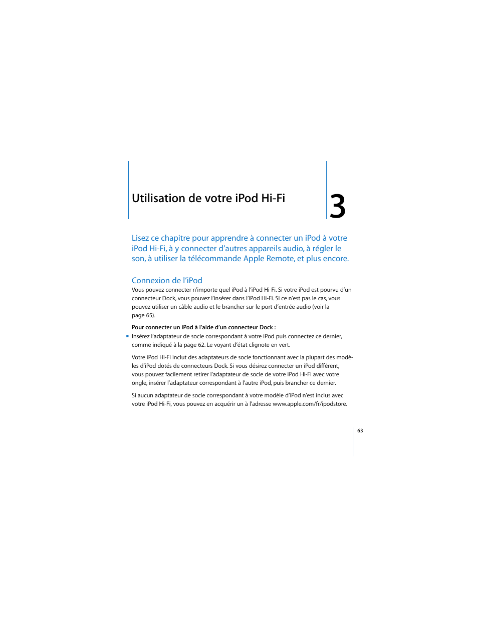 Chapitre: 3 “utilisation de votre ipod hi-fi, 63 “connexion de l’ipod, Utilisation de votre ipod hi-fi | Apple iPod Hi-Fi (User’s Guide) User Manual | Page 63 / 104