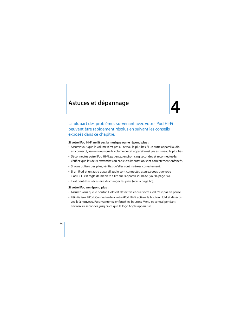 Chapitre: 4 “astuces et dépannage, Astuces et dépannage | Apple iPod Hi-Fi (User’s Guide) User Manual | Page 74 / 104
