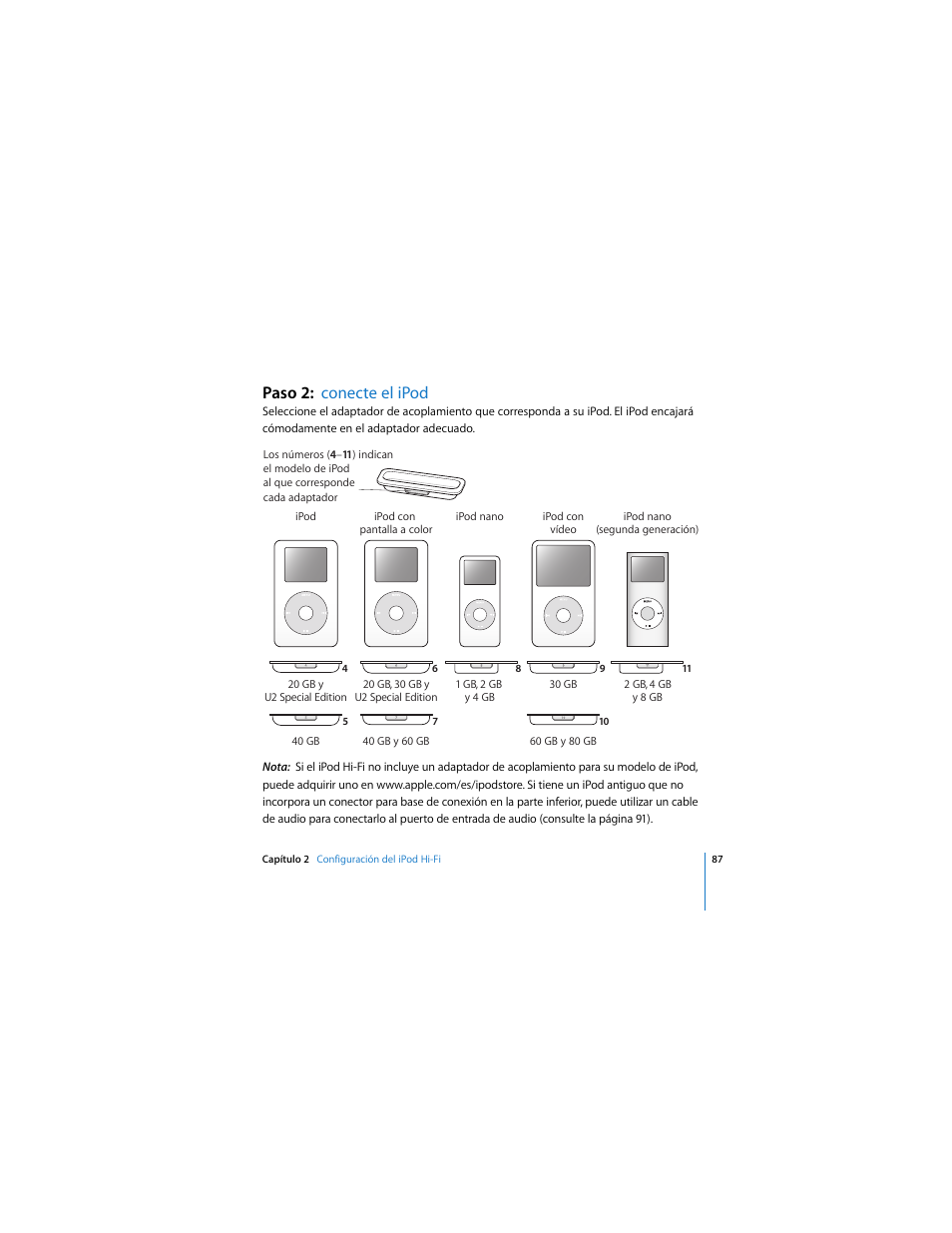 87 “paso 2: conecte el ipod, Paso 2: conecte el ipod | Apple iPod Hi-Fi (User’s Guide) User Manual | Page 87 / 104