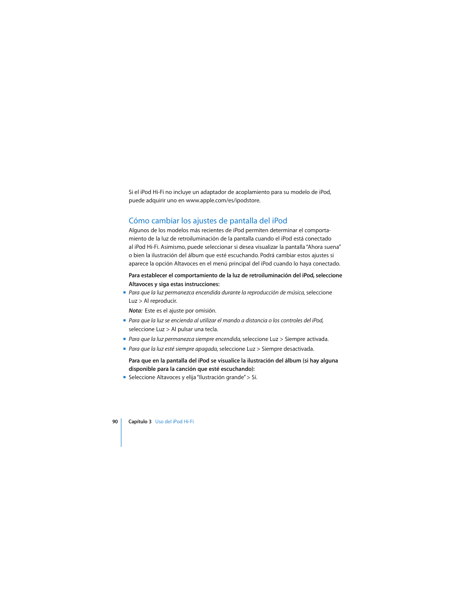 90 “cómo cambiar los ajustes de pantalla del ipod, Cómo cambiar los ajustes de pantalla del ipod | Apple iPod Hi-Fi (User’s Guide) User Manual | Page 90 / 104