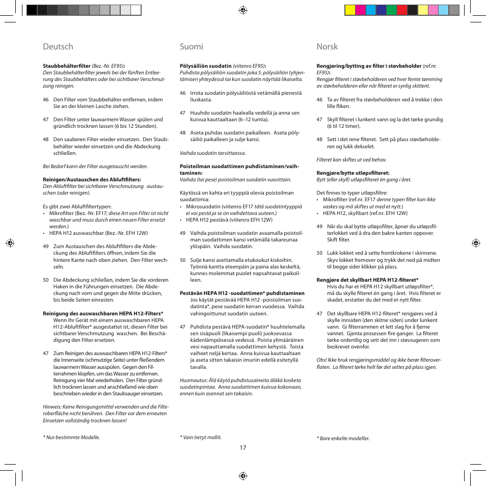 Deutsch, Suomi, Norsk | Electrolux ZSC6920 User Manual | Page 17 / 96