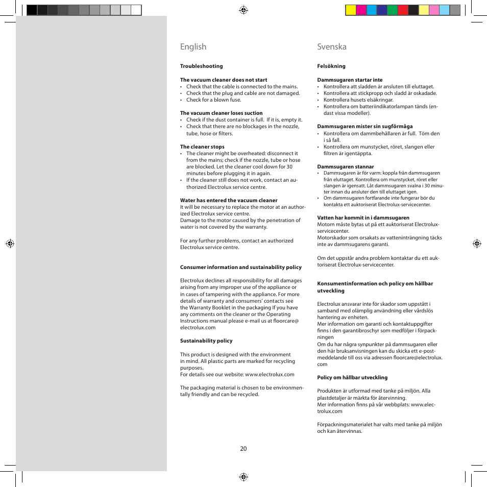 English, Svenska | Electrolux ZSC6920 User Manual | Page 20 / 96