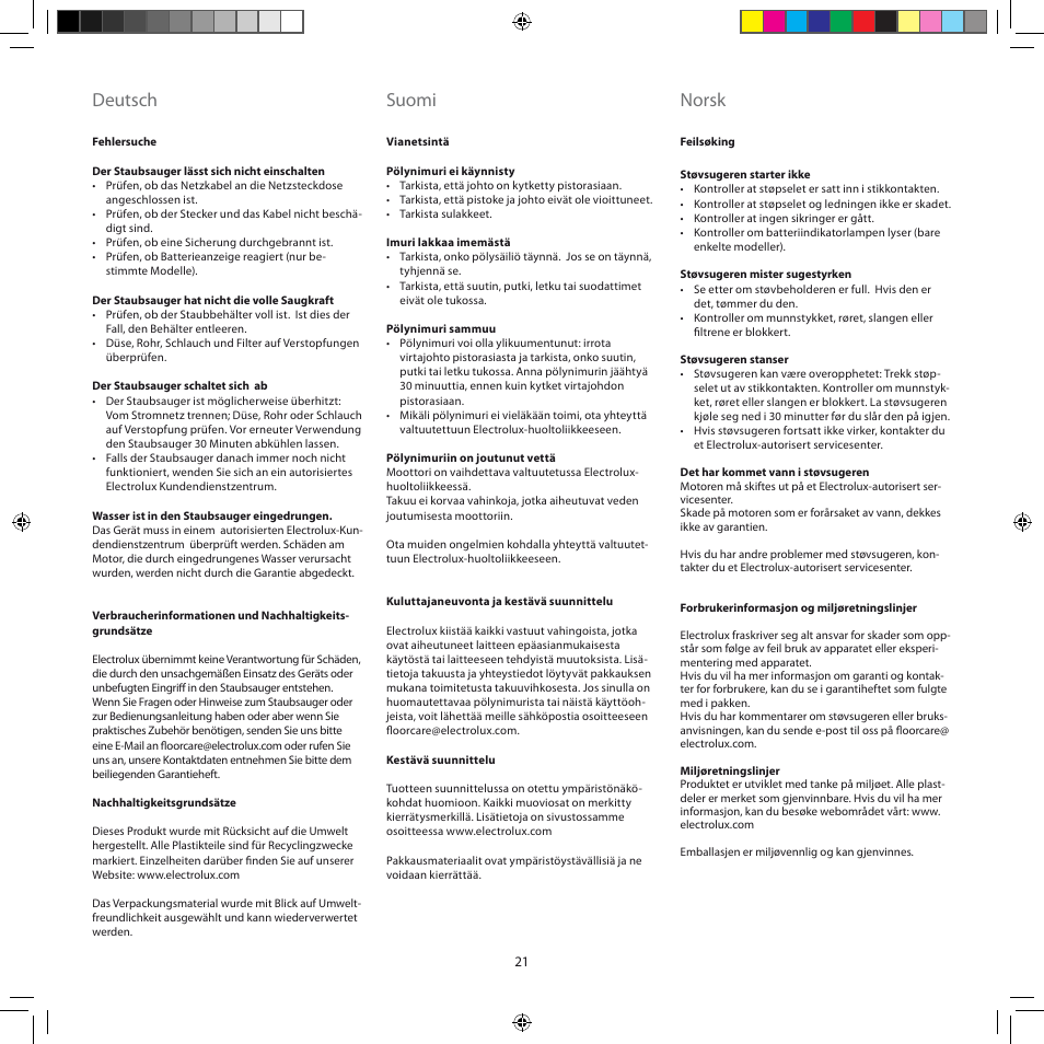 Deutsch, Suomi, Norsk | Electrolux ZSC6920 User Manual | Page 21 / 96