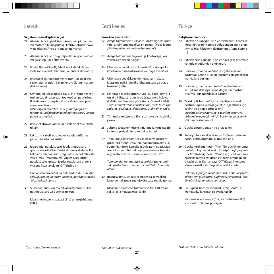 Latviski, Eesti keeles, Türkçe | Electrolux ZSC6920 User Manual | Page 27 / 96