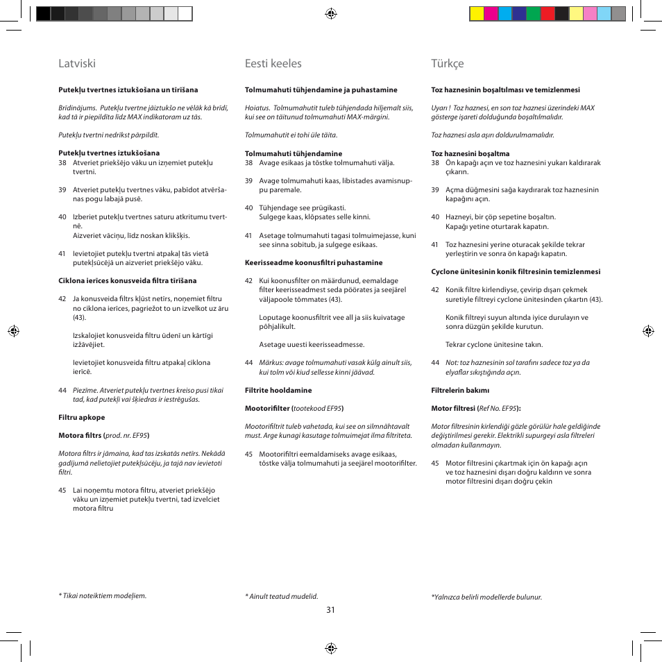 Latviski, Eesti keeles, Türkçe | Electrolux ZSC6920 User Manual | Page 31 / 96
