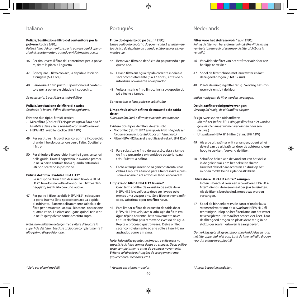 Italiano, Português, Nederlands | Electrolux ZSC6920 User Manual | Page 49 / 96