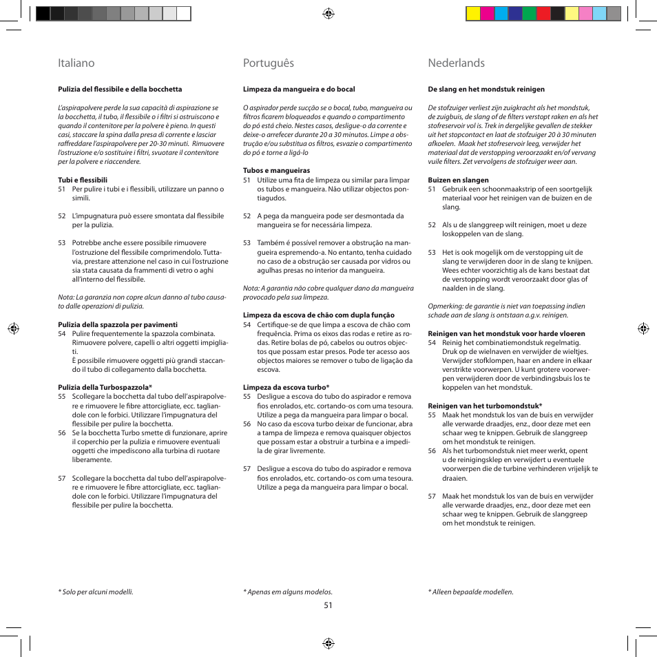 Italiano, Português, Nederlands | Electrolux ZSC6920 User Manual | Page 51 / 96