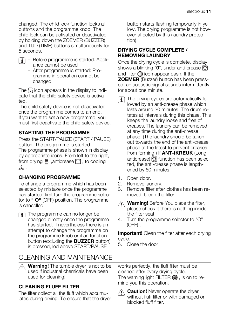 Cleaning and maintenance | Electrolux EDE1074PDW User Manual | Page 11 / 76