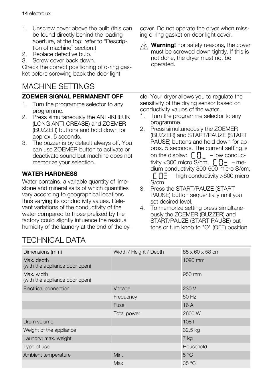 Machine settings, Technical data | Electrolux EDE1074PDW User Manual | Page 14 / 76