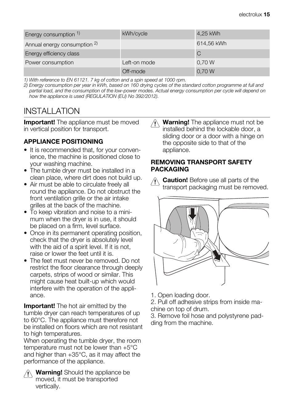 Installation | Electrolux EDE1074PDW User Manual | Page 15 / 76